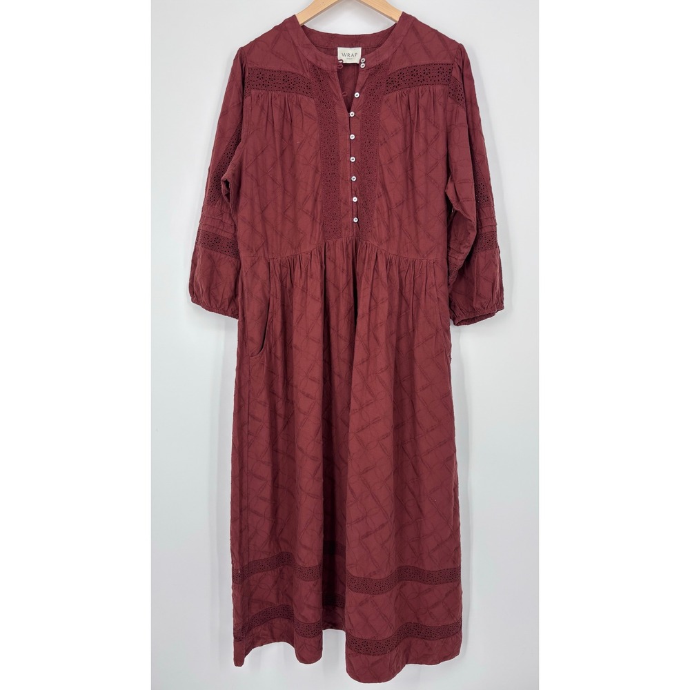 Wrap London Embroidered Cotton Eyelet Midi Dress Women US 12 Brick Red Brown